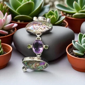 925 Sterling Silver Abalone Peridot and Amethyst Bracelet Adjustable Length - Picture 1 of 20