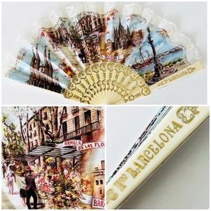 Souvenir Hand Fan From Barcelona, Spain “Abanicos” Collage of Spanish Cities - Picture 1 of 6