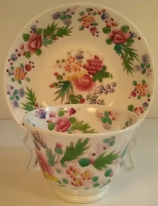 Soft Paste Hand Colored Floral Red Green Porcelain Tea Cup Saucer 1830 Staffords - Picture 1 of 1