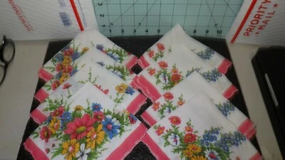 8 vintage pink floral flowers hankie 10X10 hand stitched edges other colors avai - Image 1 of 3