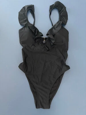 EXPRESS Swim Black Ruffled One Piece Backless Swimsuit/Swimwear Size: S/P Foto 1 de 4