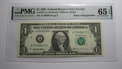 $1 1995 Radar Serial Number Federal Reserve Currency Bank Note Bill PMG UNC65EPQ - Image 1 of 3
