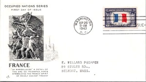 UNITED STATES 1943 WWII CACHET FDC COVER OCCUPIED NATIONS CANC WASHINGTON ADDR - Picture 1 of 2
