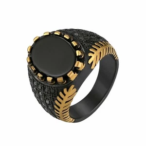 Men's Vintage Black Agate Stainless Steel Ring Wedding Engagement Band #9-11 - Picture 1 of 15