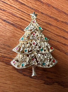 Vintage AA1 Cut-Out Gold Tone Red Green Rhinestones Christmas Tree Brooch Pin - Picture 1 of 2