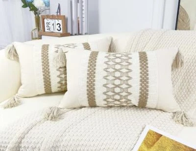 Boho Lumbar Pillow Covers 12x20,Cute Pillow Cover with 12" x 20" Grid-khaki - Image 1 of 4
