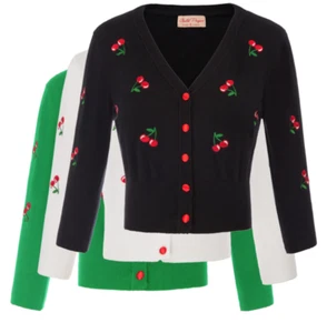 Pin Up Vintage Red Cherry Cardigan 50's Retro Embroidered 3/4 Sleeve Crop Jacket - Picture 1 of 19