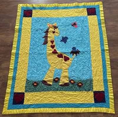 Manta Bebé Jirafa Hecha a Mano Zoo Amarillo Personalizada Borde Satinado Cuna LEER Foto 1 de 4
