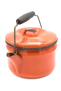 Vintage Red Orange Metal Tea Kettle Pot Lid Enamel Decor Wood Handle Rustic - Picture 1 of 4