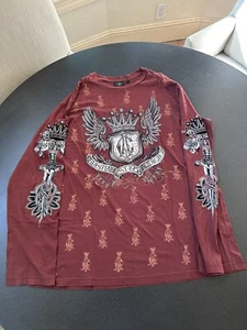 Christian Audigier Long Sleeve T-Shirt Burgandy Gold Logo VELVET SLEEVEs AOP 2XL - Picture 1 of 10