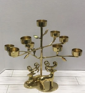 Large Vintage Brass 2 Deer Reindeer Candelabra 13” Holds 9 Candles India - Picture 1 of 9