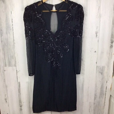 Scala VTG Silk 80s Glam Showgirl Gown Beaded Dress M Shoulder Pads Long Sleeve - Image 1 of 4