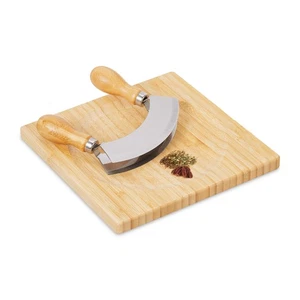 Wiegemesser mit brett Kräuterwiegemesser Bambus Schneidebrett rostfrei 2 Klingen - Bild 1 von 7