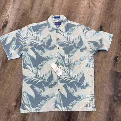 Camisa de campamento hawaiana Pendleton 100 % seda para hombre mediana azul hoja de palma manga corta nueva con etiquetas Foto 1 de 4