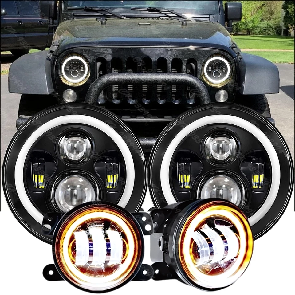 7英寸光环LED车头灯+4英寸雾灯组合套件适用于2007-2018年吉普牧马人JK — 第 1/4 张图片