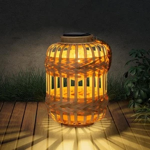 Solar Lanterns Outdoor Hanging Lights Rattan Bamboo Light Gold - Picture 1 of 7