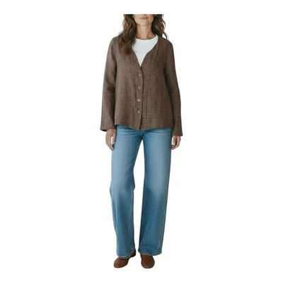 FLAX 100% Linen Woven Blazer Jacket Medium V-Neck Lagenlook Brown Boho Classic - Image 1 of 4