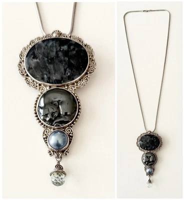 Enorme collar broche piedra lunar negra gato durmiente hematita plata esterlina SAJEN Foto 1 de 4