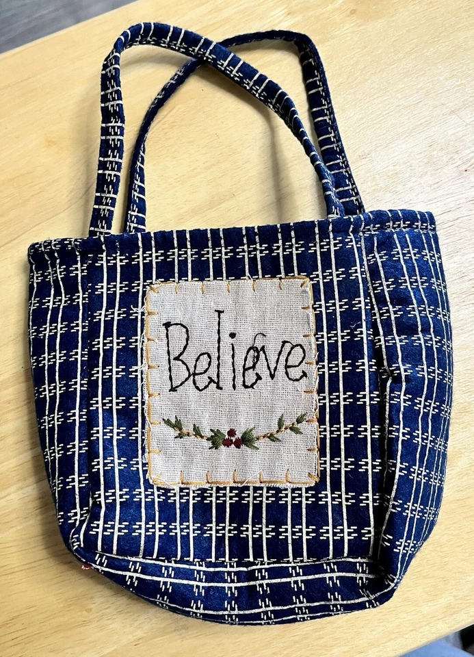Prim Ditty ~ Gift Bag Navy &  White Pattern “ Believe”  Child’s Bag 6x5” - Image 1 of 4