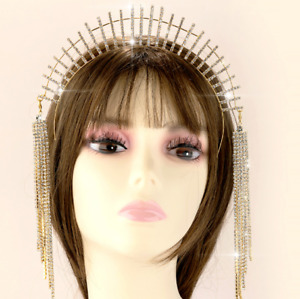 Halo Goddess Headband Festival Tassel Rhinestone Wedding Bride Turban Headpiece 