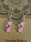 Small Cute Cat Hook Earrings Silver & Enamel Pink