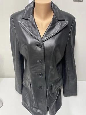 Kathrine Kelly Collection Black 4 Button Collared Leather Jacket Size 12 - Image 1 of 4