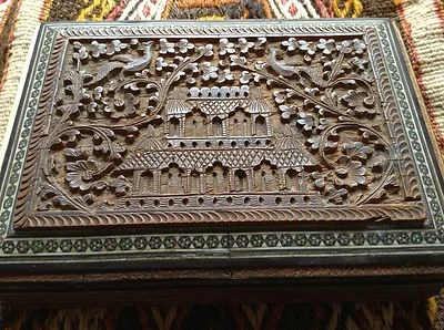 Antique Sadeli Micro Mosaic Handcarved Wood Marquetry Box Phoenix Bird Palace - Image 1 of 4