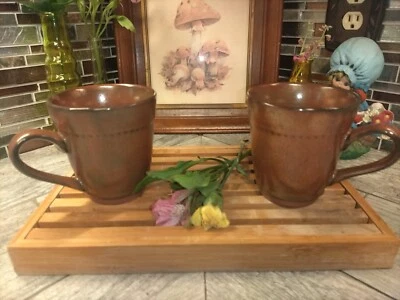 Par de tazas de café Sango STONEWARE patrón de puntadas tono cobre, excelente estado  Foto 1 de 4