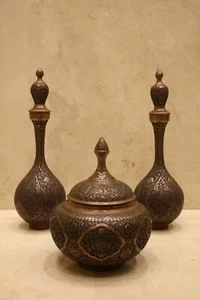 Antique museum luxury set 3 copper vase bowl handmade needle Engraving Islamic - Picture 1 of 12