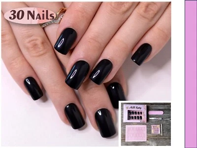 Künstliche Nägel zum Aufkleben 30 Stück Schwarz Glänzend press on selbstklebend - Bild 1 von 4