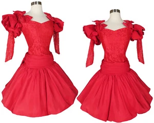 Vintage 80s Red Lace Full Bubble Skirt Prom Party Dress XXS XS Valentines Day - Picture 1 of 12