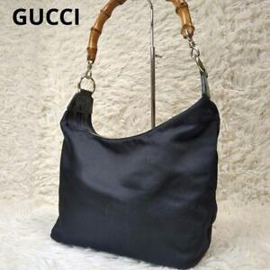 Gucci One Shoulder Bag Bamboo Nylon Enamel Navy Hobo Bag