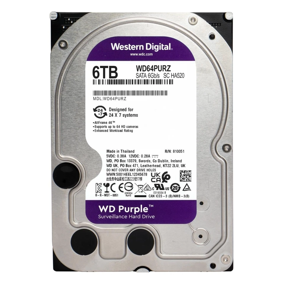 WD Purple 6TB Internal Hard Drive Surveillance 3.5" HDD 5400 RPM 256 MB WD64PURZ - Image 1 of 1