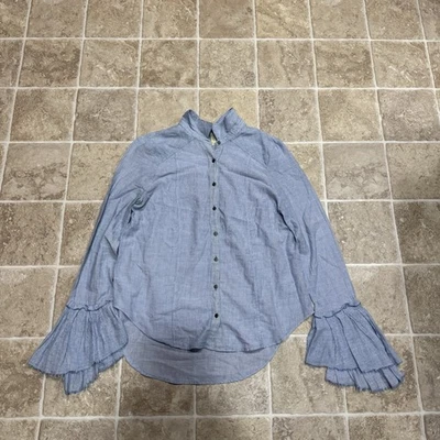Blusa Top Free People Cambray Rayas Acampanada Puño Abotonado Azul Pequeña Foto 1 de 4