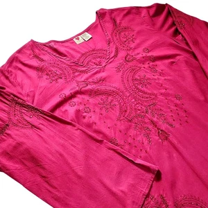 Andrew & Co. Embroidered Beaded Tunic Top Bohemian Long Sleeve Pink Plus Size 2X - Picture 1 of 13