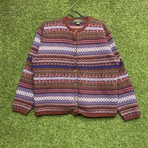 Vintage Eddie Bauer Lambs Wool Sweater Womens XL Cottage Fair Isle Cardigan 90s - Picture 1 of 9