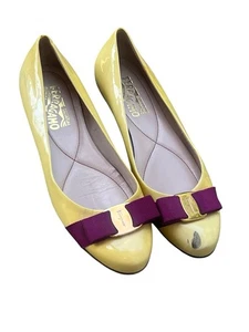 Salvatore Ferragamo Varina Purple Bow Yellow Patent Leather Ballet Flats 7 - Picture 1 of 14
