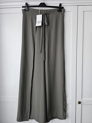 💚 ZARA BNWT Khaki Green Long Flow Wrap Trousers Size L - Image 1 of 4