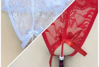 Dessous Tanga String Slip Ouvert Perlen Schritt offen One Size Rot Weiß S M L - Bild 1 von 4