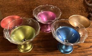 3 Vintage Ice Cream Bowls Glass with Aluminum & 2 Extra Bases to Change Color