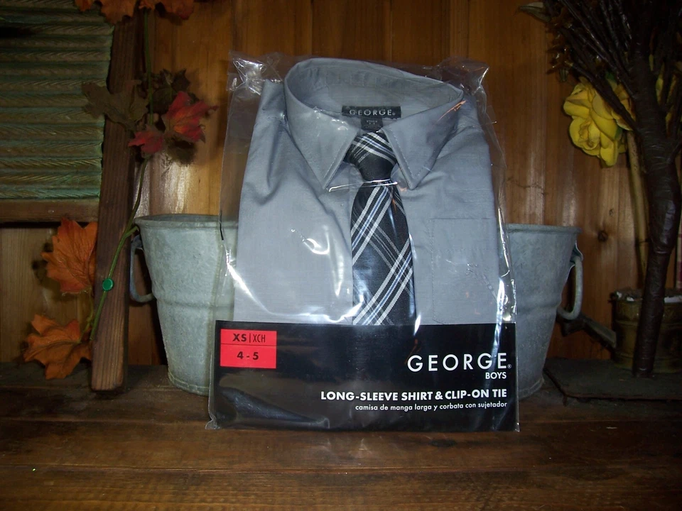 CAMISA DE VESTIR GEORGE NIÑOS MANGA LARGA CON CLIP EN CORBATA GRIS XS 4-5 NUEVA BODA Foto 1 de 1
