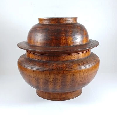 Tigela Tsampa Tibetana Antiga com Tampa, Madeira Tornada, 6,75 X 7" Pátina Rica  - Imagem 1 de 4