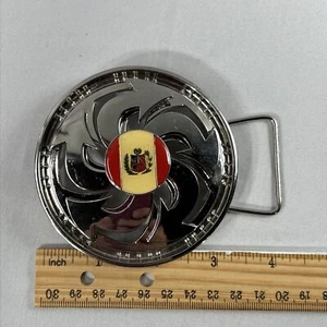 BELT BUCKLE Silver Chrome With Spinner Peru Flag In Center 3.5" Fits 1.5” Belt - Picture 1 of 5