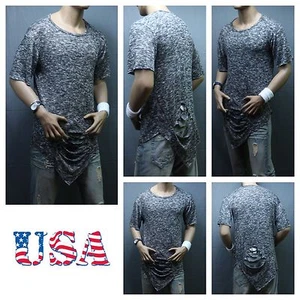 Men Long T-Shirt Extended Shirt Vintage Thrasher Ripped Tee Fashion Crew Hipster - Picture 1 of 1