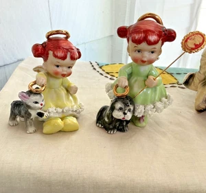 VINTAGE ARDALT ROTHAARIGER HALO ENGEL MÄDCHEN MIT KATZE & HUND SET6927D - Bild 1 von 11