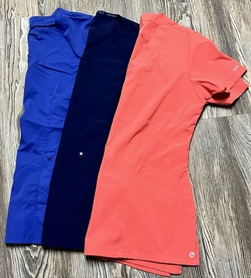 Scrub Top Women S M/ES Small /Ex Small Lot Of 3 Short Sleeve Navy Blue Coral - Image 1 of 4