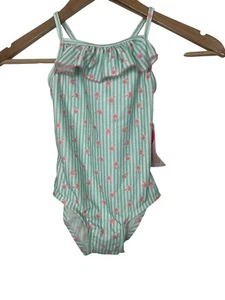 Floatimini Girls One Piece Swimsuit Striped Palm Ruffle Green White Pink Size 6 - Picture 1 of 7