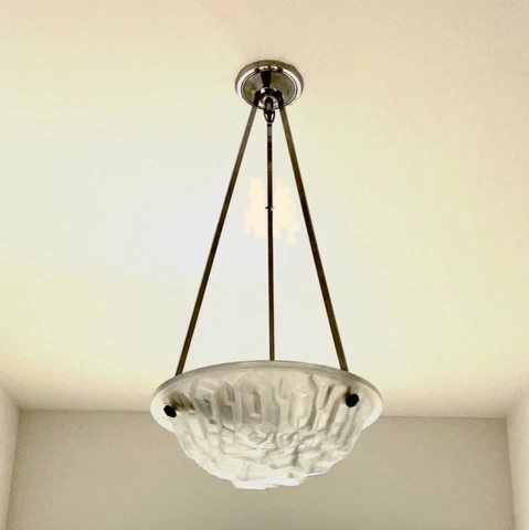 DEGUE: 1920s ART DECO PENDANT CHANDELIER LIGHT, QUARTZ ROCK CRYSTAL MOTIF, GLASS Cover
