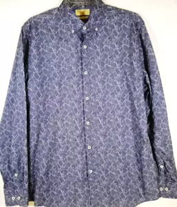 Penguin-Mens Long Sleeve Casual Button Down Shirt-Large 16 34/35-Blue-Leaf Print - Picture 1 of 8
