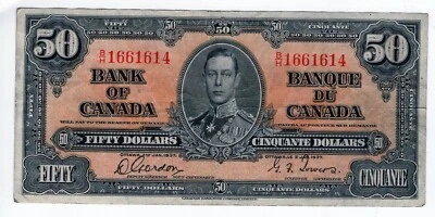 Bank of Canada 1937 $50 Gordon-Towers B/H Prefix Good VF+ King George VI - Image 1 of 2
